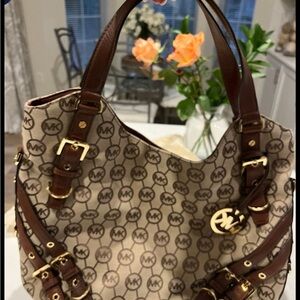 Michael Kors Tan and Brown Monogram Shoulder Bag